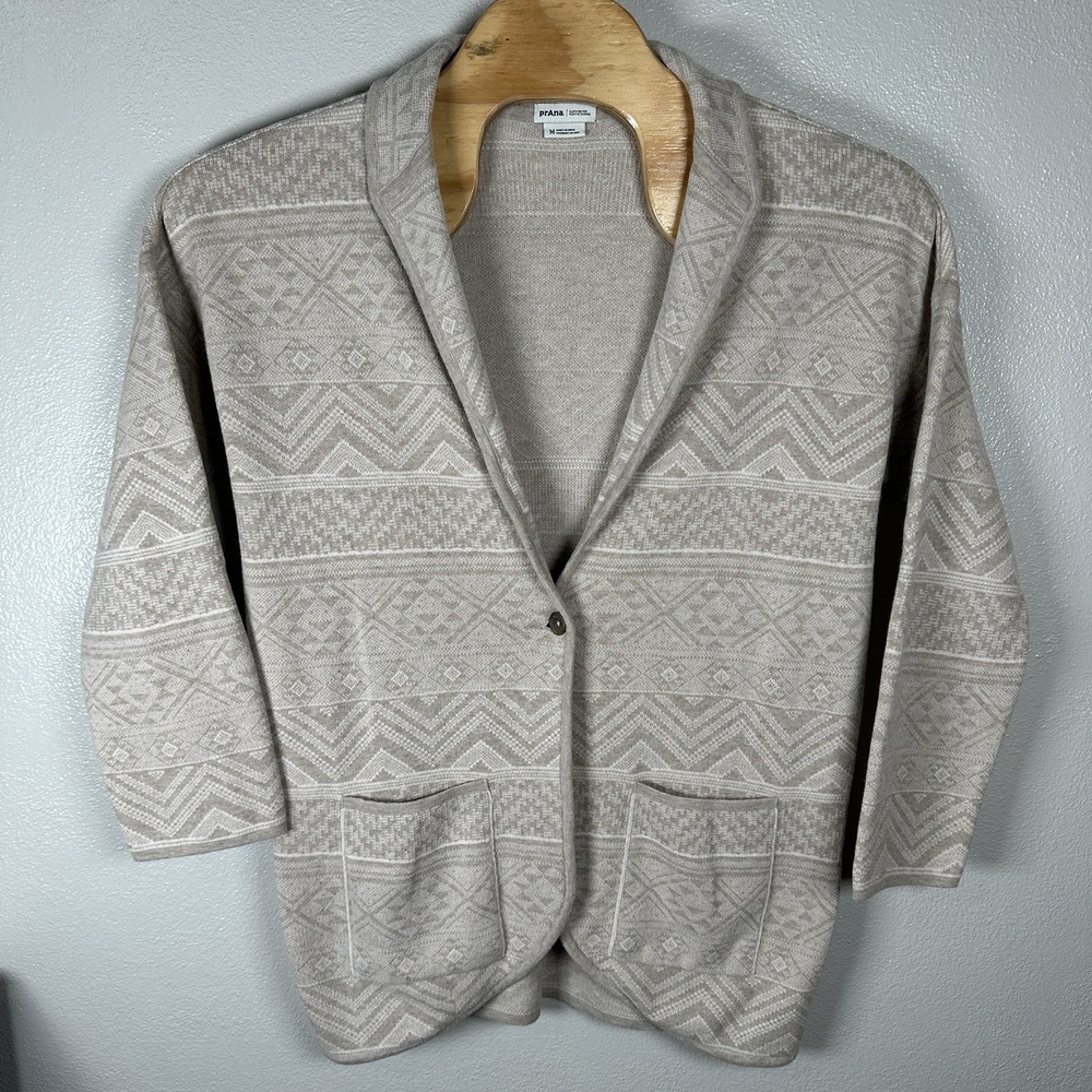 prAna Sevie Long Cardigan Womens‎ Medium Sweater Beige Organic Cotton Wool Aztec